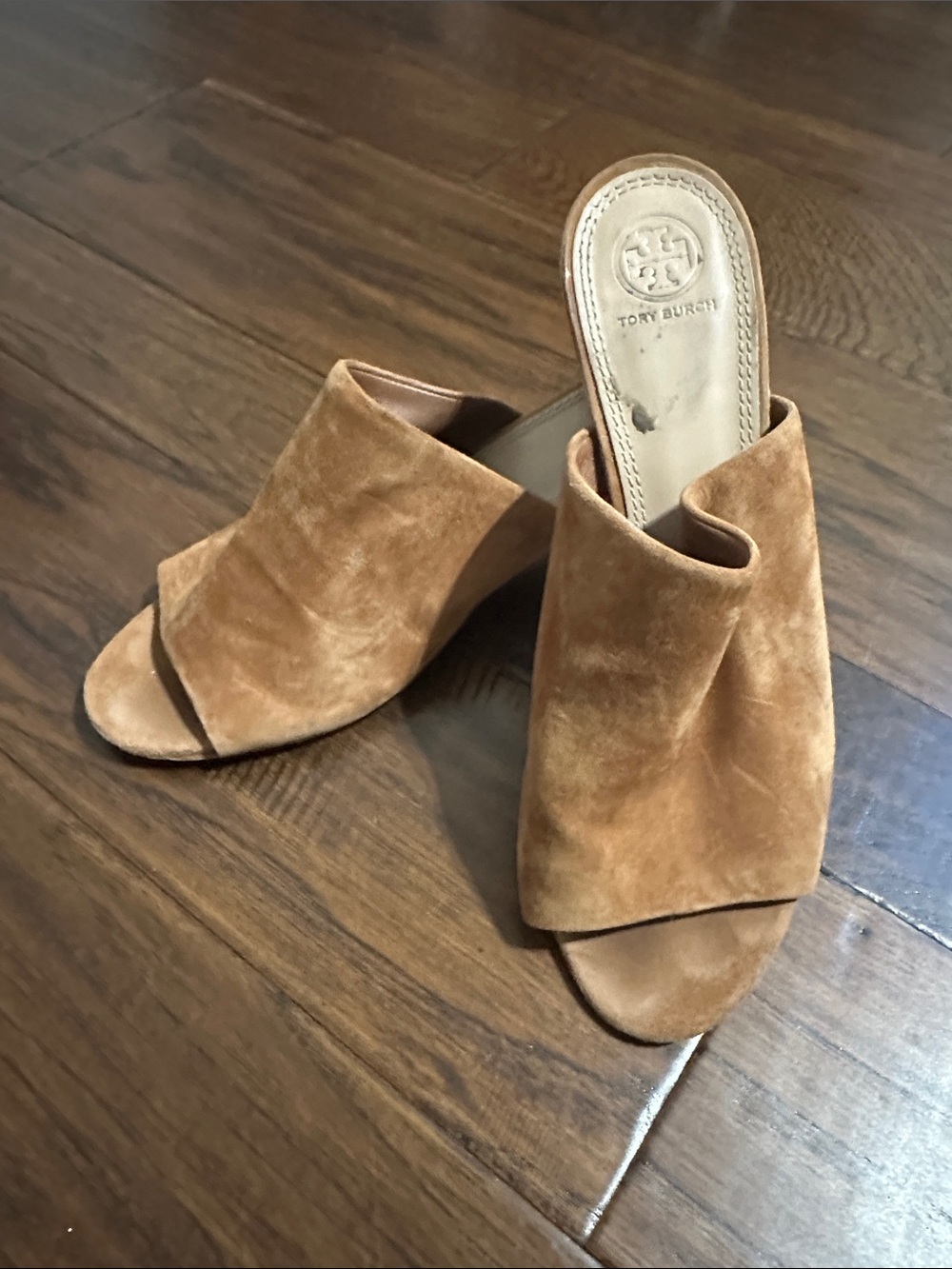 Tory Burch Tan Suede Open-Toe Mule Heels
